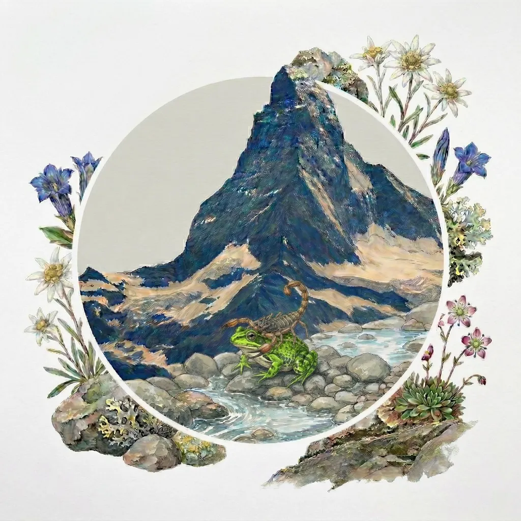 A scorpion perched on a frog beside a mountain river, framed by alpine wildflowers — an illustrated parable of Nature and governance